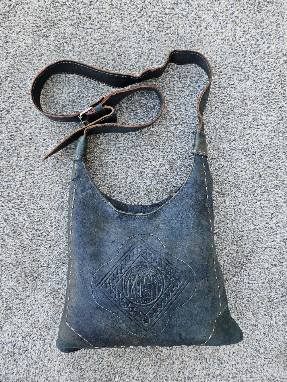 Moroccan Tooled Leather Crossbody Bag Deep Teal Vintage Boho Purse Lightweight